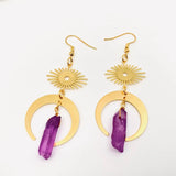 Purple Crystal Moon Pendant Ear Hook Earrings