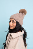 Blaire Pom Fur Lined Beanie (Taupe)