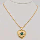 Green Zircon Stainless Steel Textured Heart Pendant Necklace